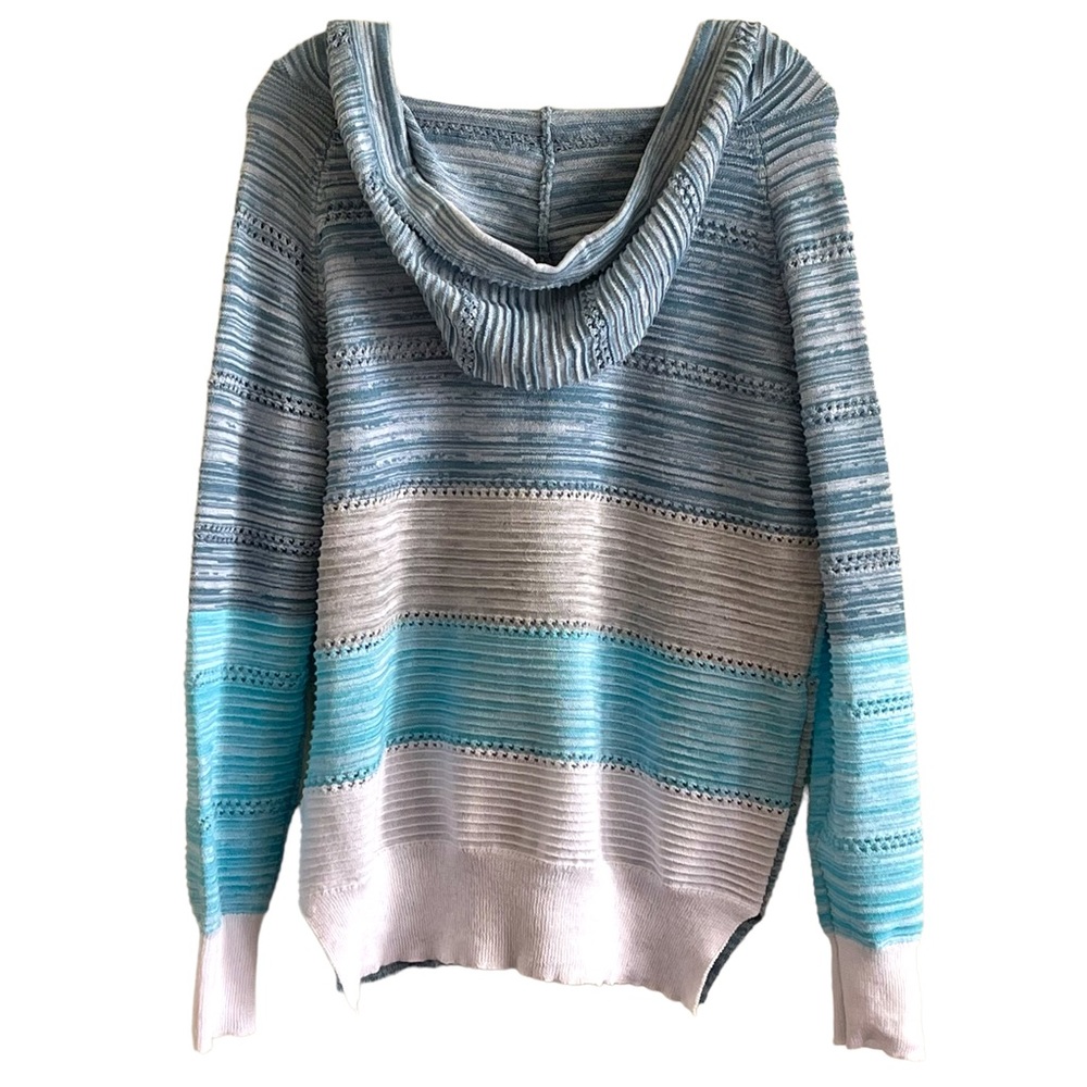 Lightweight color block blue, white & gray long sleeve striped hoodie - Picture 11 of 14